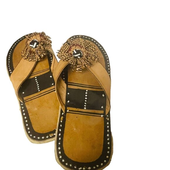 Vintage Flat Slippers Handcrafted Leather Cowhide Sandals Brown Size 10 3/4" - Picture 8 of 8